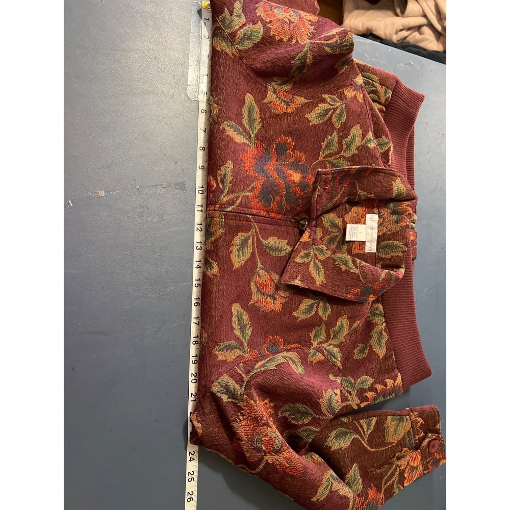 Susan Graver Style‎ Floral Jacket Large Zip Front Burgundy Ribbed Hem & Cuffs - Picture 7 of 10
